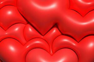 rojo inflado corazones en un rojo fondo, 3d representación ilustración foto