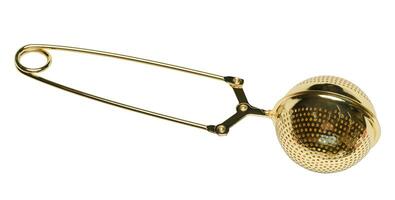 Metal golden strainer on a white isolated background photo