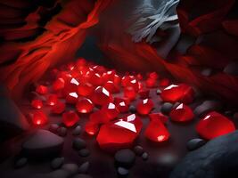 red crystals in dark cave background photo