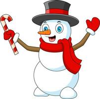 Cartoon illustration of a cute snowman holding candy cane vector