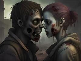 illustration of two young zombie couple in front of a house photo