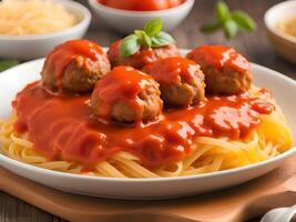 meatballs in tomato sauce and pasta on a plate photo