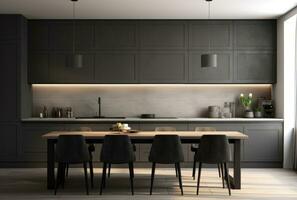 3D rendering of a contemporary dark gray kitchen with white wood backsplash. Table with chairs AI Generated. photo