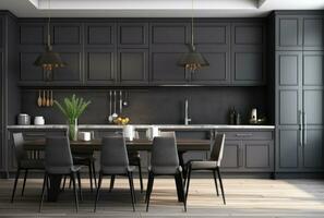 3D rendering of a contemporary dark gray kitchen with white wood backsplash. Table with chairs AI Generated. photo