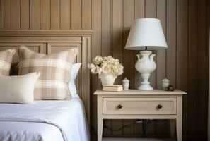 Bedside cabinet emphasizes the bedside next to the wooden wall. French style interior design of a modern bedroom AI Generated. photo