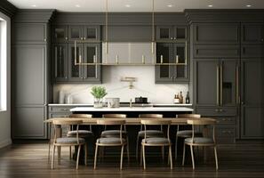 3D rendering of a contemporary dark gray kitchen with white wood backsplash. Table with chairs AI Generated. photo