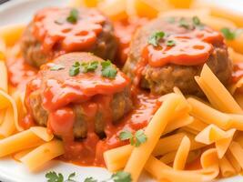 meatballs in tomato sauce and pasta on a plate photo