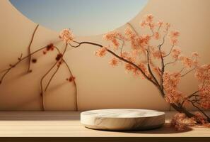 3D background, nude beige pedestal podium. Natural dry plant and shadow on pastel nude AI Generated. photo