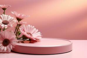 3D background, pink podium. Round display, pink flower AI Generated. photo