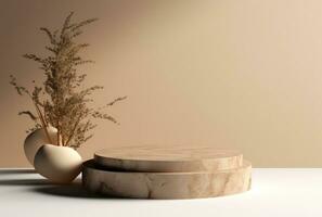 3D background, nude beige pedestal podium. Natural dry plant and shadow on pastel nude AI Generated. photo
