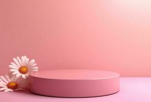 3D background, pink podium. Round display, pink flower AI Generated. photo