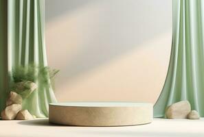 3D background, stone pedestal podium on natural beige, pastel green backdrop AI Generated. photo