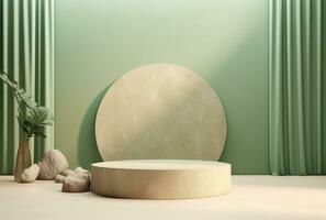 3D background, stone pedestal podium on natural beige, pastel green backdrop AI Generated. photo