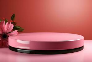 3D background, pink podium. Round display, pink flower AI Generated. photo