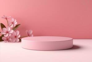 3D background, pink podium. Round display, pink flower AI Generated. photo