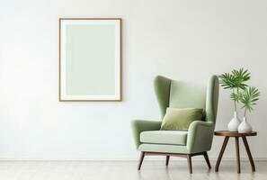 Light green wingback chairs contrast with white walls and large art poster frames AI Generated. photo