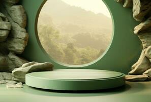 3D background, stone pedestal podium on natural beige, pastel green backdrop AI Generated. photo