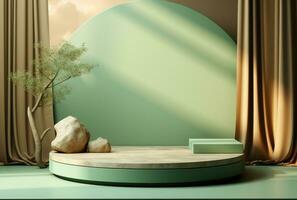 3D background, stone pedestal podium on natural beige, pastel green backdrop AI Generated. photo