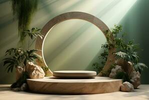 3D background, stone pedestal podium on natural beige, pastel green backdrop AI Generated. photo