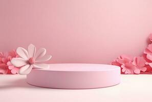 3D background, pink podium. Round display, pink flower AI Generated. photo