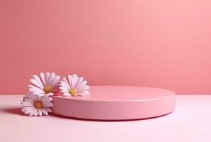 3D background, pink podium. Round display, pink flower AI Generated. photo