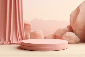 3D background, stone pedestal podium on natural pastel pink backdrop AI Generated. photo