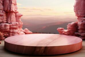 3d fondo, Roca pedestal podio en natural pastel rosado fondo ai generado. foto