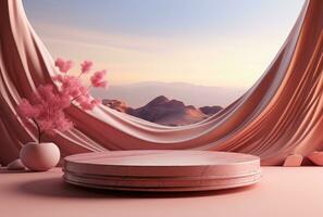 3D background, stone pedestal podium on natural pastel pink backdrop AI Generated. photo