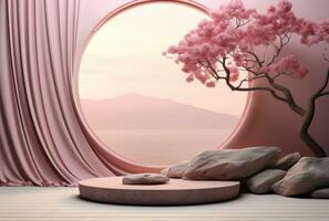 3D background, stone pedestal podium on natural pastel pink backdrop AI Generated. photo