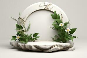 3D display podium white background and stone. Flower with green leaf and rock AI Generated. photo