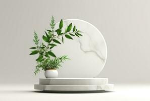 3D display podium white background and stone. Flower with green leaf and rock AI Generated. photo