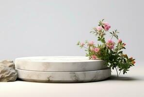 3D display podium white background and stone. Flower with green leaf and rock AI Generated. photo