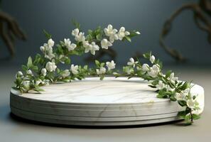 3D display podium white background and stone. Flower with green leaf and rock AI Generated. photo