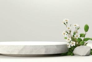 3D display podium white background and stone. Flower with green leaf and rock AI Generated. photo