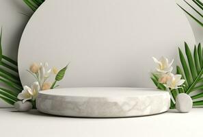 3D display podium white background and stone. Flower with green leaf and rock AI Generated. photo