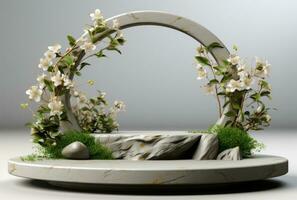 3D display podium white background and stone. Flower with green leaf and rock AI Generated. photo