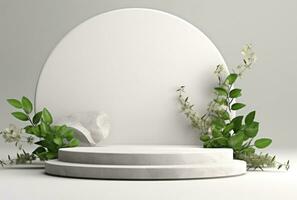 3D display podium white background and stone. Flower with green leaf and rock AI Generated. photo