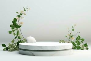 3D display podium white background and stone. Flower with green leaf and rock AI Generated. photo