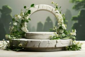 3D display podium white background and stone. Flower with green leaf and rock AI Generated. photo