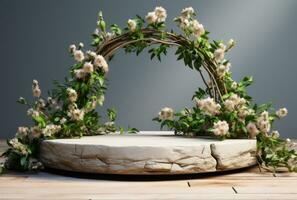 3D display podium white background and stone. Flower with green leaf and rock AI Generated. photo