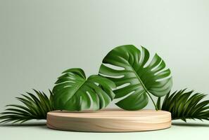 3D podium wood display white background with green monstera palm leaf AI Generated. photo