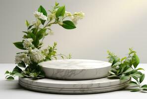 3D display podium white background and stone. Flower with green leaf and rock AI Generated. photo