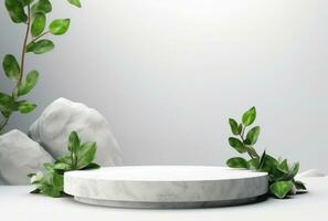 3D display podium white background and stone. Flower with green leaf and rock AI Generated. photo