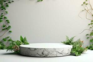 3D display podium white background and stone. Flower with green leaf and rock AI Generated. photo