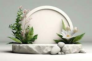 3D display podium white background and stone. Flower with green leaf and rock AI Generated. photo