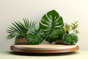 3D podium wood display white background with green monstera palm leaf AI Generated. photo