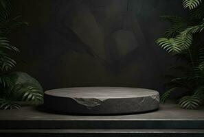 3D podium, stone display set. Jungle, palm leaf AI Generated. photo