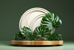 3D podium wood display white background with green monstera palm leaf AI Generated. photo