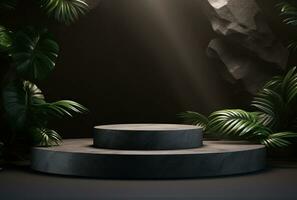 3D podium, stone display set. Jungle, palm leaf AI Generated. photo