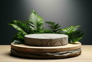 3D podium wood display white background with green monstera palm leaf AI Generated. photo